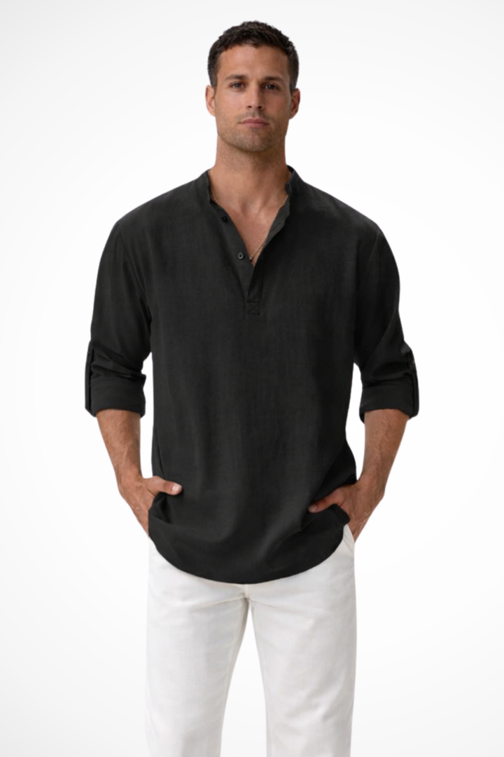 Men's Linen Henley Shirt, Long Sleeve Casual Collarless Summer Shirt, Breathable