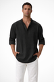 Men's Linen Henley Shirt, Long Sleeve Casual Collarless Summer Shirt, Breathable