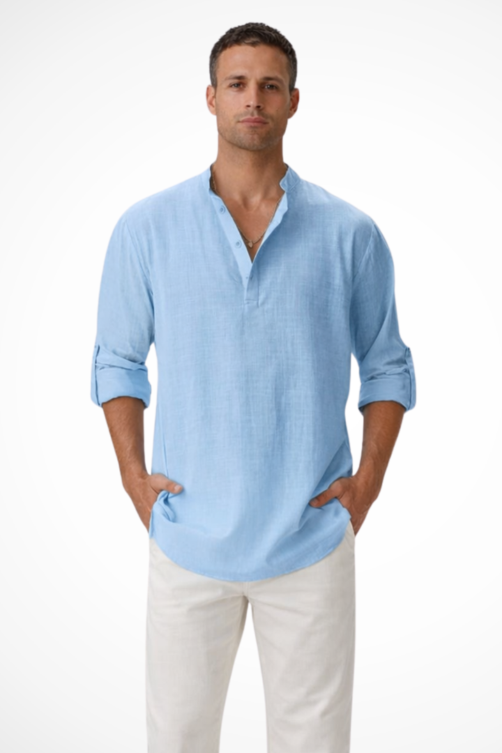 Men's Linen Henley Shirt, Long Sleeve Casual Collarless Summer Shirt, Breathable