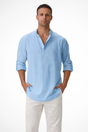 Men's Linen Henley Shirt, Long Sleeve Casual Collarless Summer Shirt, Breathable
