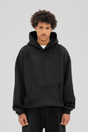 Men's plain black pullover hoodie with hood, long sleeves and front kangaroo pocket