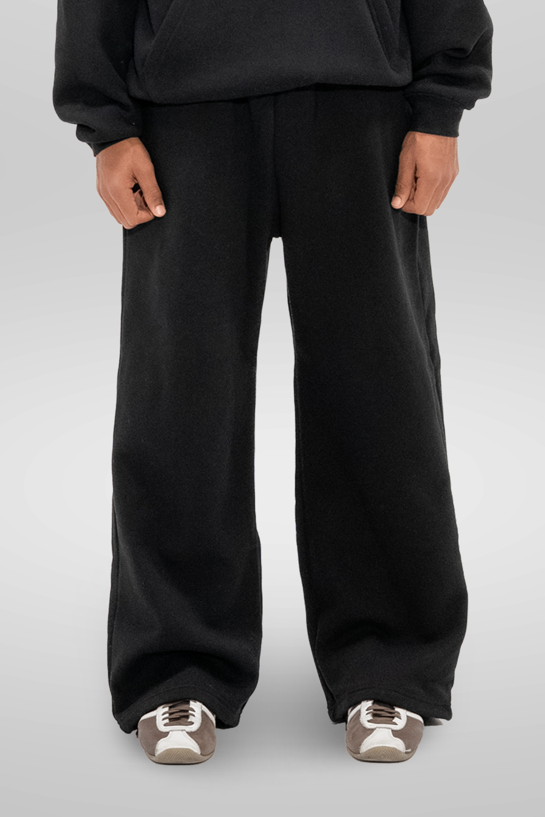 Black fleece sweatpants with a casual full-length cut