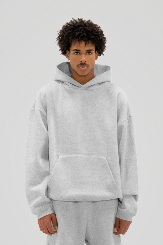 Grey unisex hoodie with a hooded neckline and long sleeves