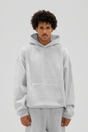 Grey unisex hoodie with a hooded neckline and long sleeves