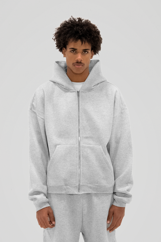 Men's grey zip-up hoodie with hood, long sleeves and kangaroo pocket