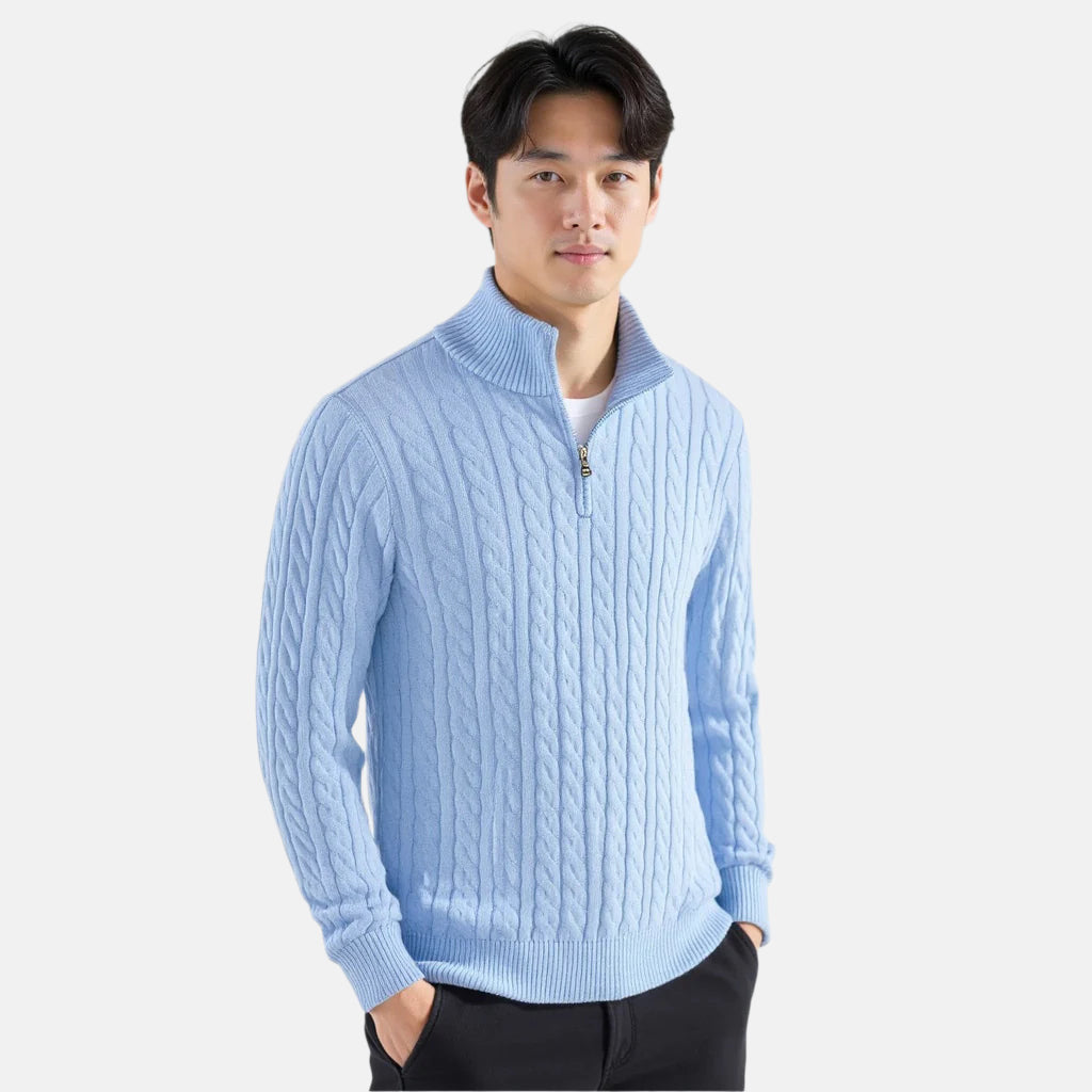 Pack of five men's cable-knit quarter-zip sweaters displayed on hangers in black, navy, white, cream and light blue