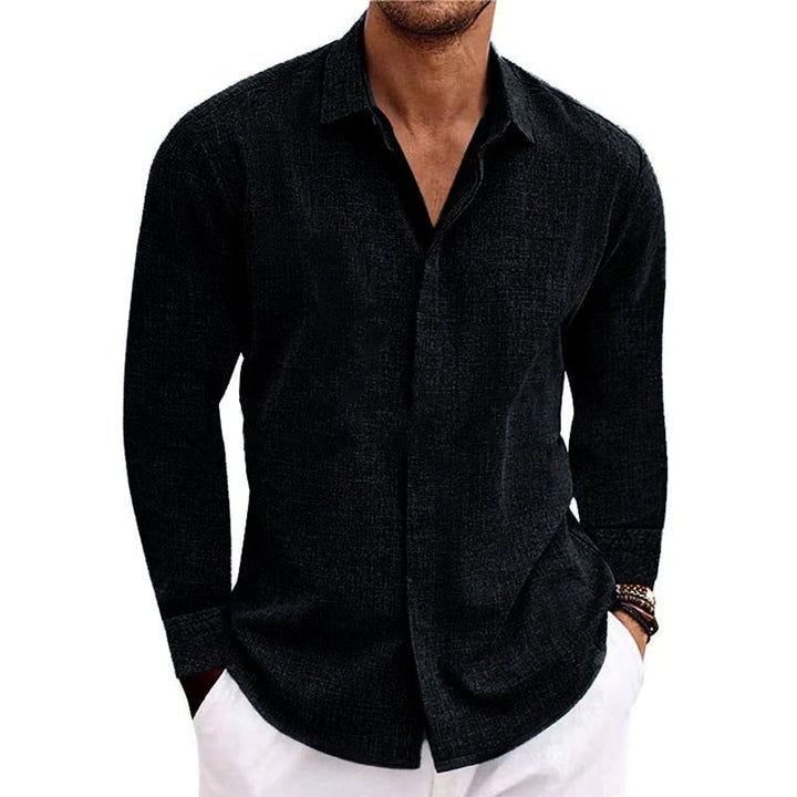 Men's Long Sleeve Linen Shirt, Button-Down Breathable Cotton Blend Summer Shirt with Lapel Collar