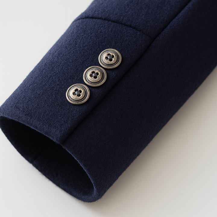 Men's structured overcoat with stand collar, button front, contrast trim and quilted lining