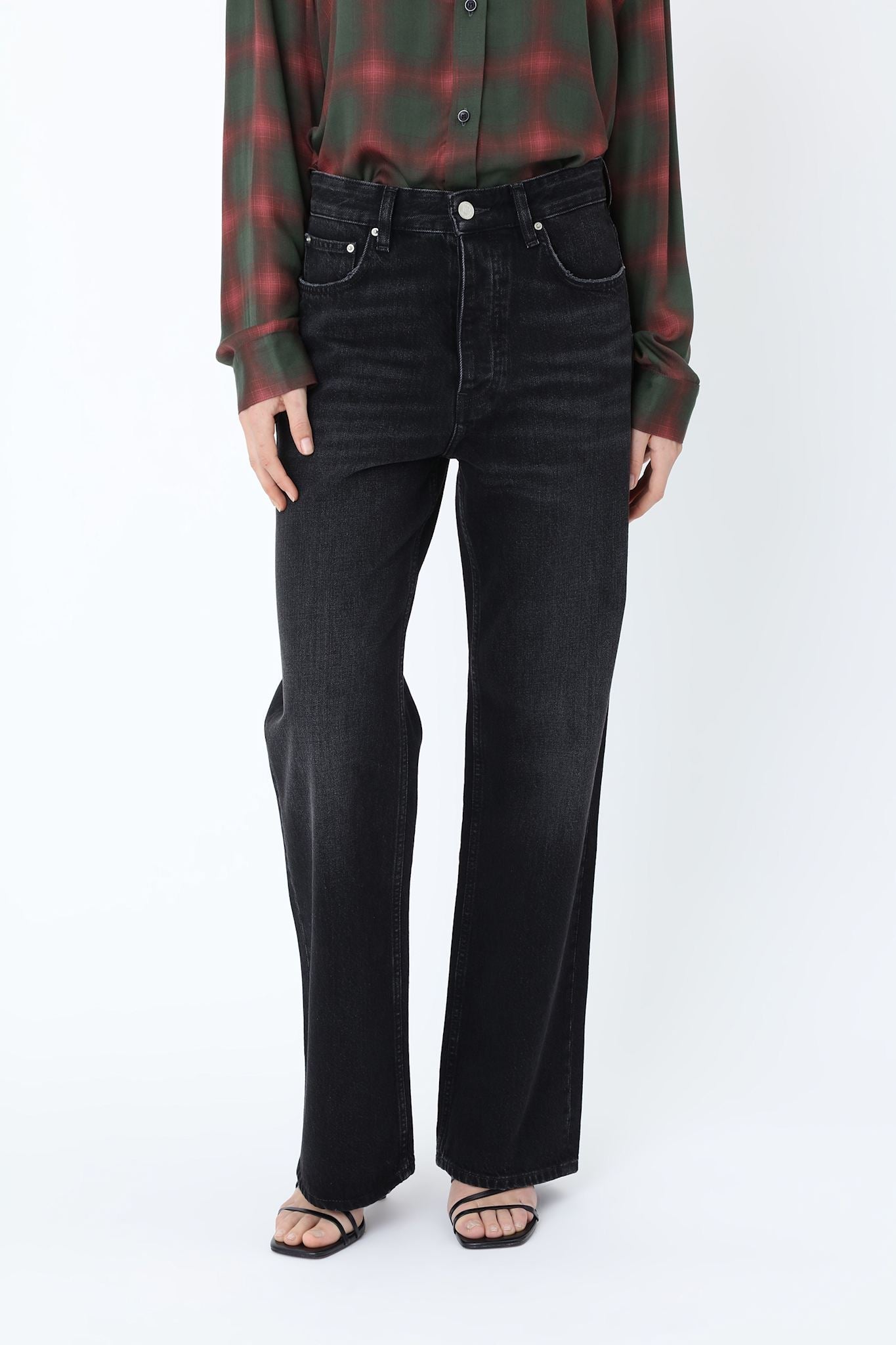 Women's black straight-leg jeans with high rise and five-pocket design