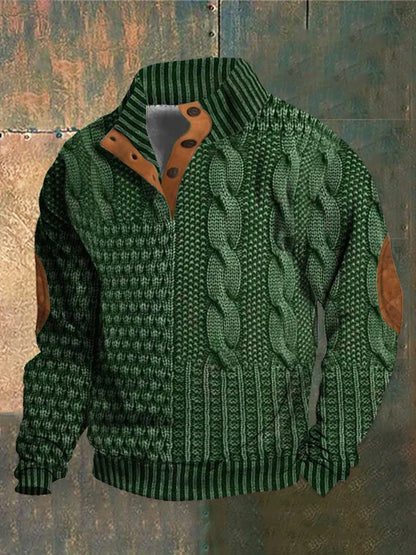 Men's patterned cable knit sweater with crew neck and suede elbow patches