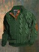 Men's patterned cable knit sweater with crew neck and suede elbow patches