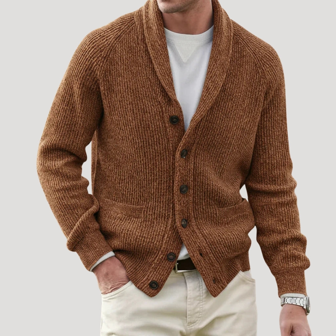 Men's ribbed knitted cardigan with shawl collar, buttons and patch pockets