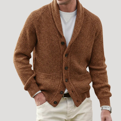Men's ribbed knitted cardigan with shawl collar, buttons and patch pockets