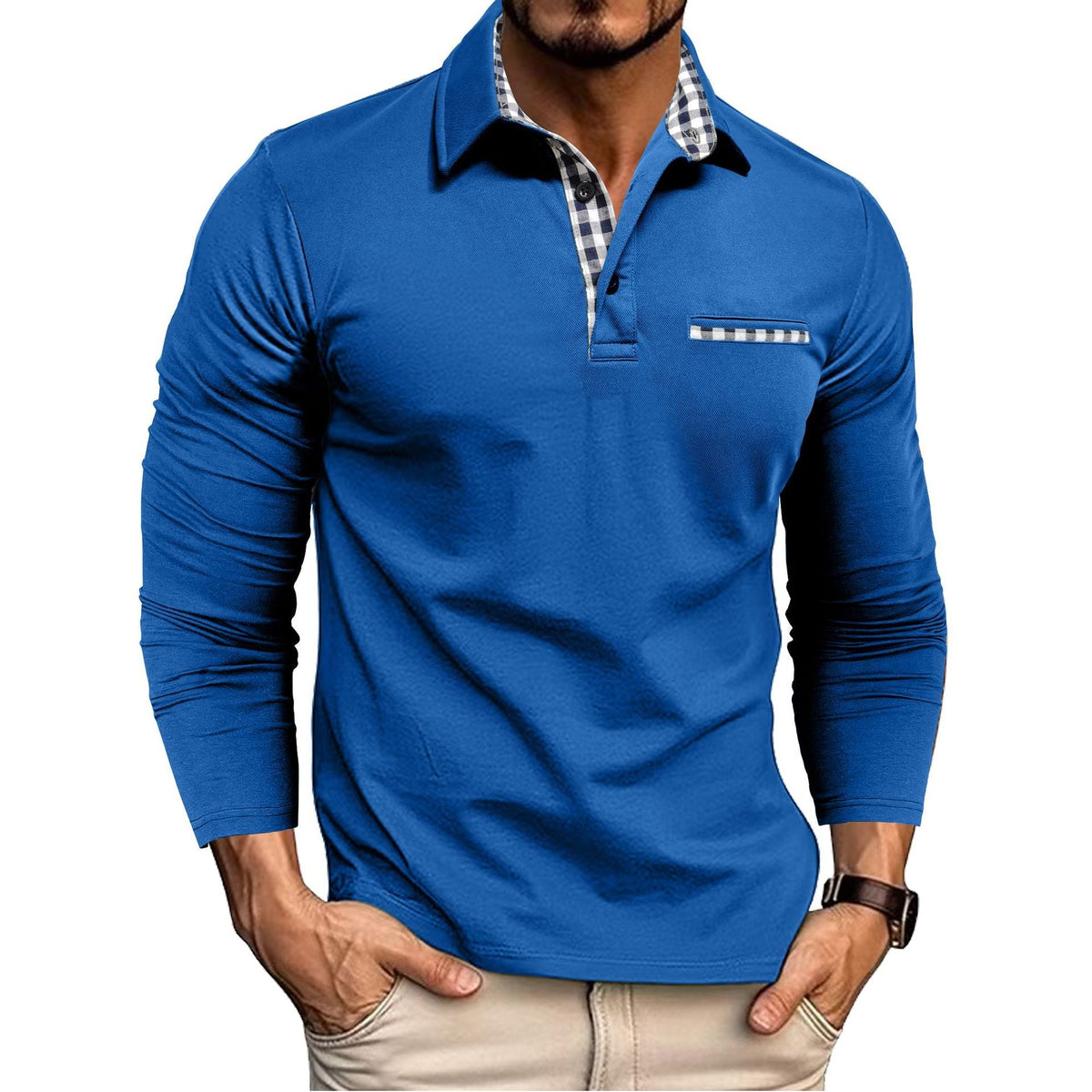 Men's long sleeve polo shirt with checked collar trim and button placket
