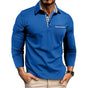 Men's long sleeve polo shirt with checked collar trim and button placket