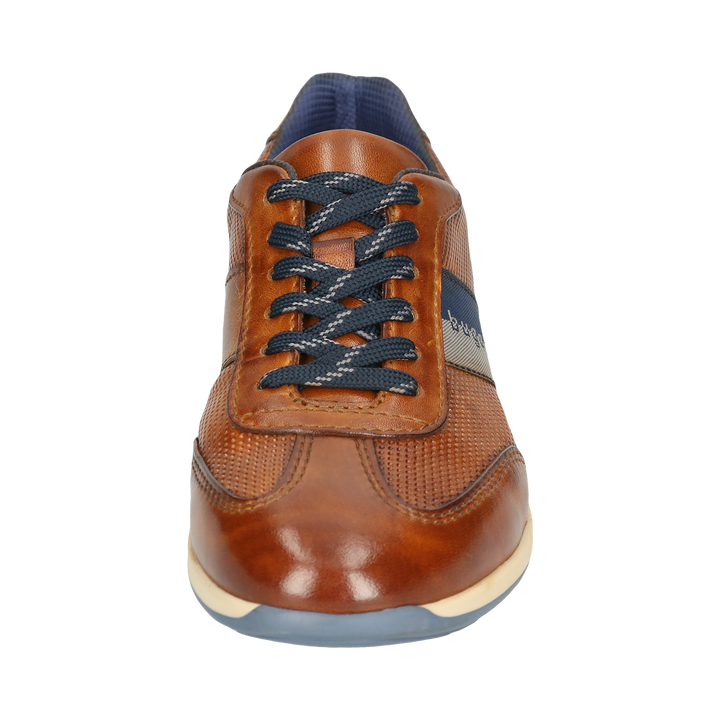 Men's brown lace-up trainers with navy side panel and cream sole