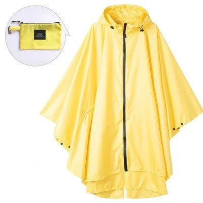 Patterned hooded rain poncho with zip front and matching pouch