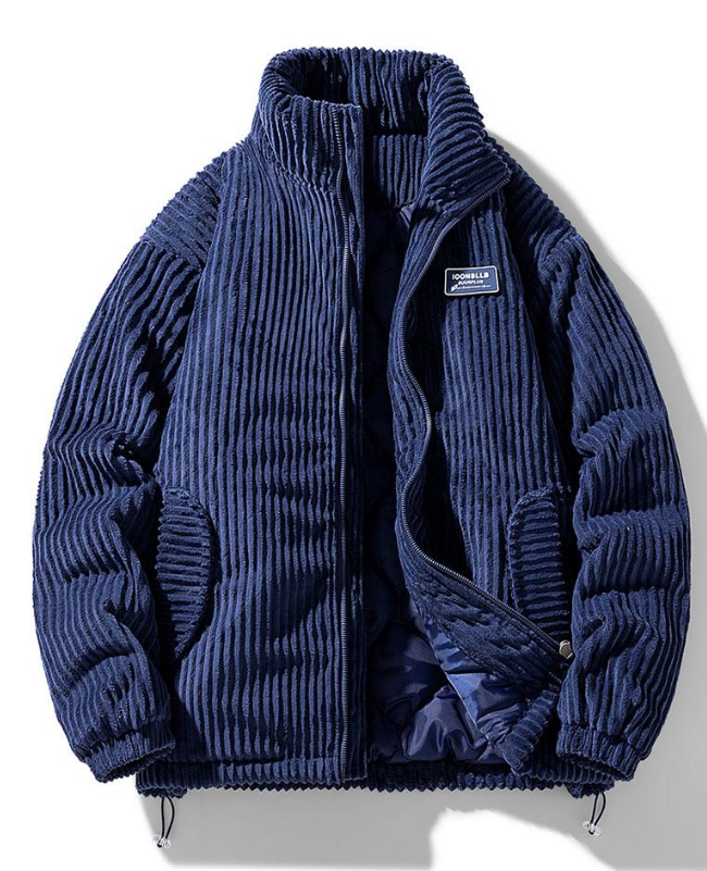 Ribbed padded jacket with high collar, zip front and adjustable hem