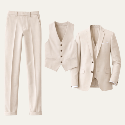 Men's three piece slim fit suit with blazer, buttoned waistcoat and tailored trousers