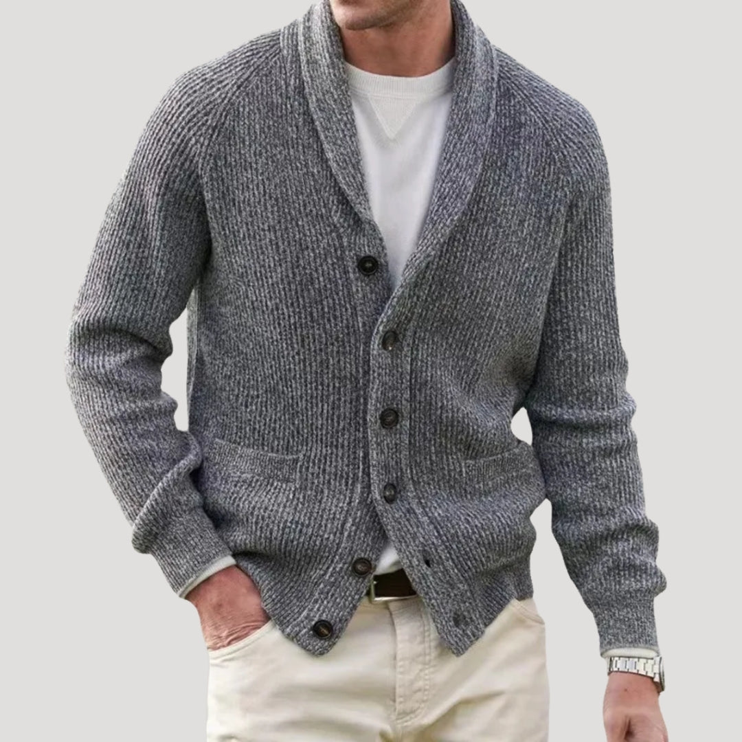 Men's ribbed knitted cardigan with shawl collar, buttons and patch pockets