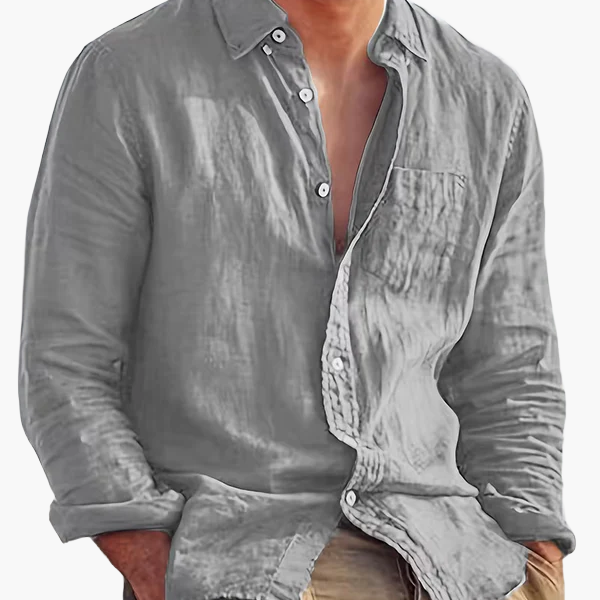 Men's long-sleeve textured button shirt with collar and chest pocket
