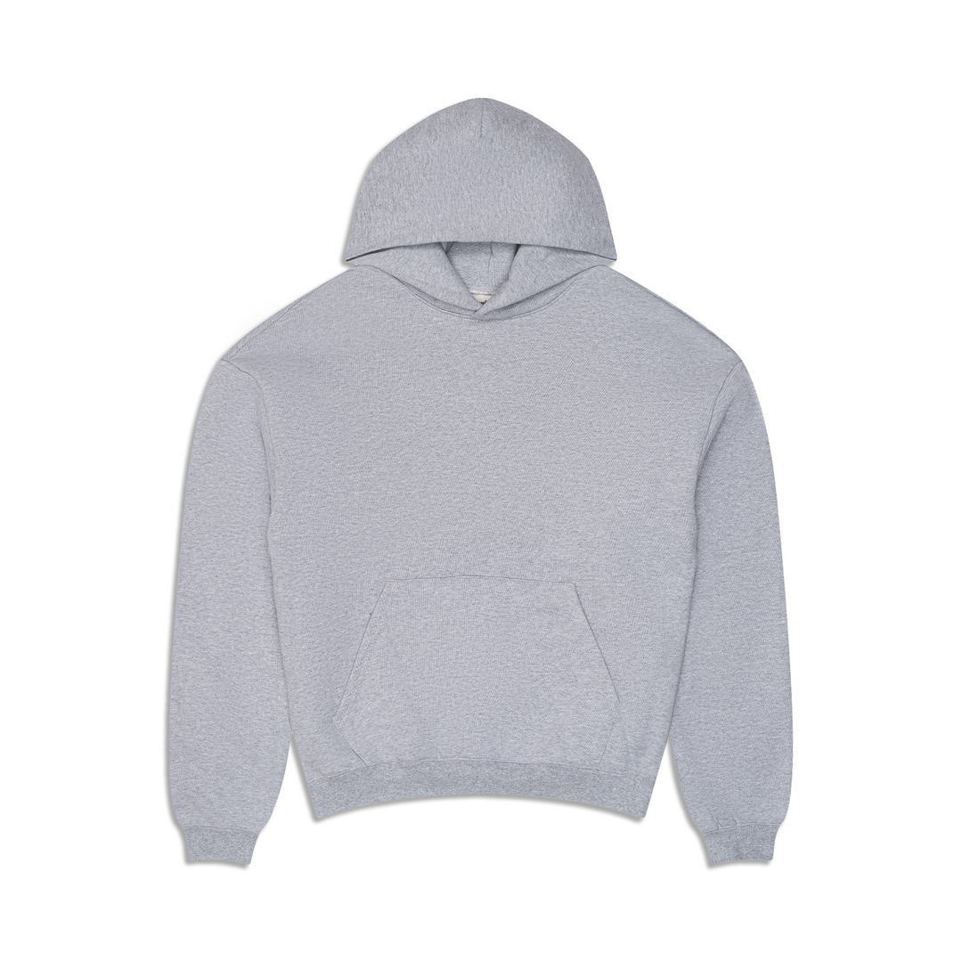 Unisex heather grey 600 GSM hoodie with long sleeves