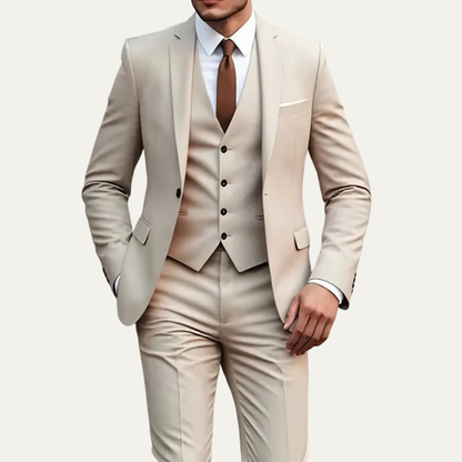 Men's three piece slim fit suit with blazer, buttoned waistcoat and tailored trousers
