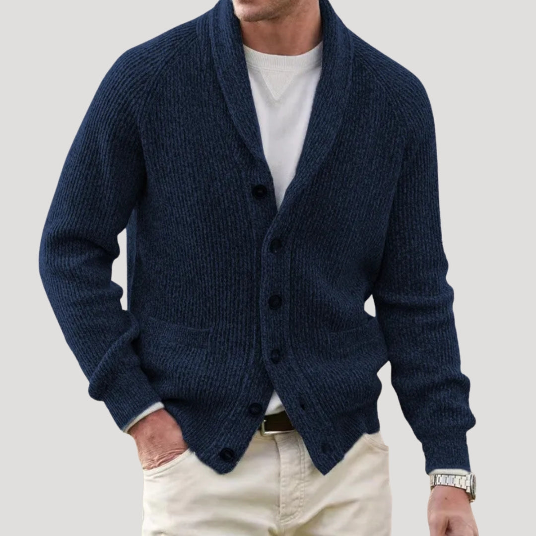 Men's ribbed knitted cardigan with shawl collar, buttons and patch pockets