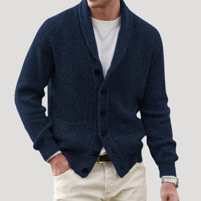 Men's ribbed knitted cardigan with shawl collar, buttons and patch pockets