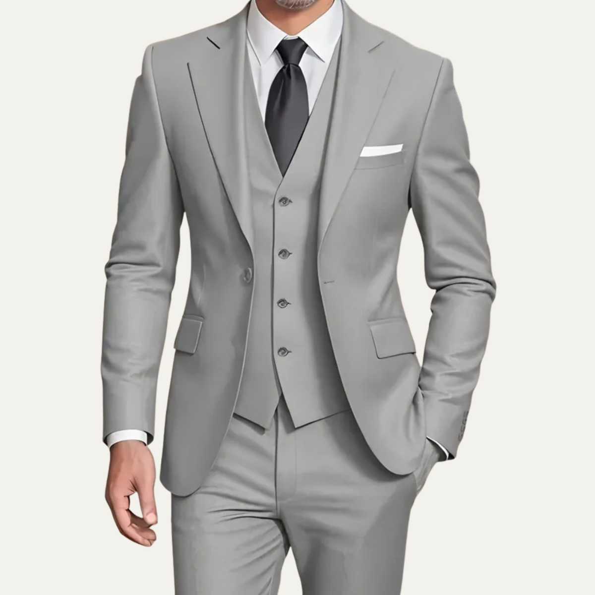 Men's three piece slim fit suit with blazer, buttoned waistcoat and tailored trousers