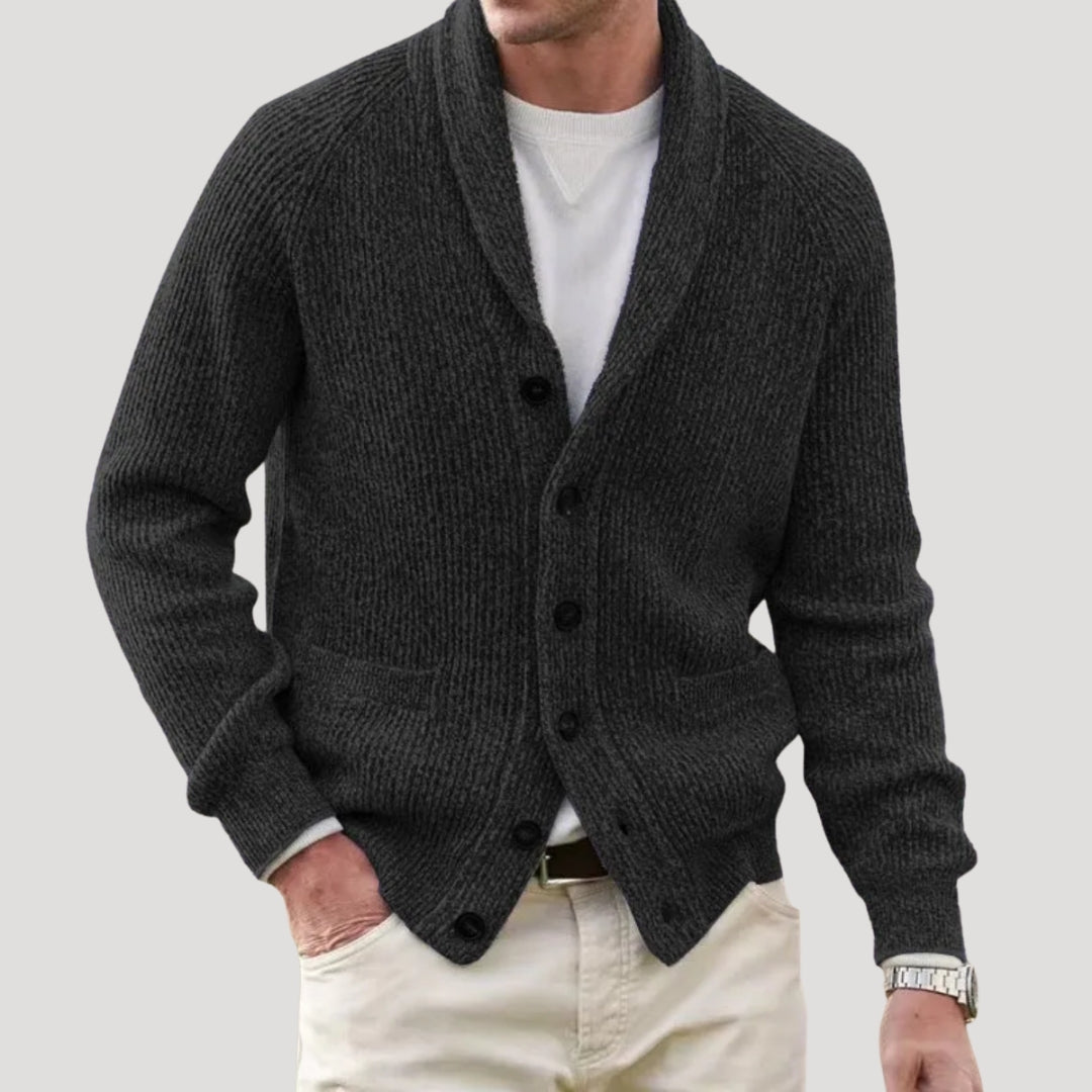 Men's ribbed knitted cardigan with shawl collar, buttons and patch pockets