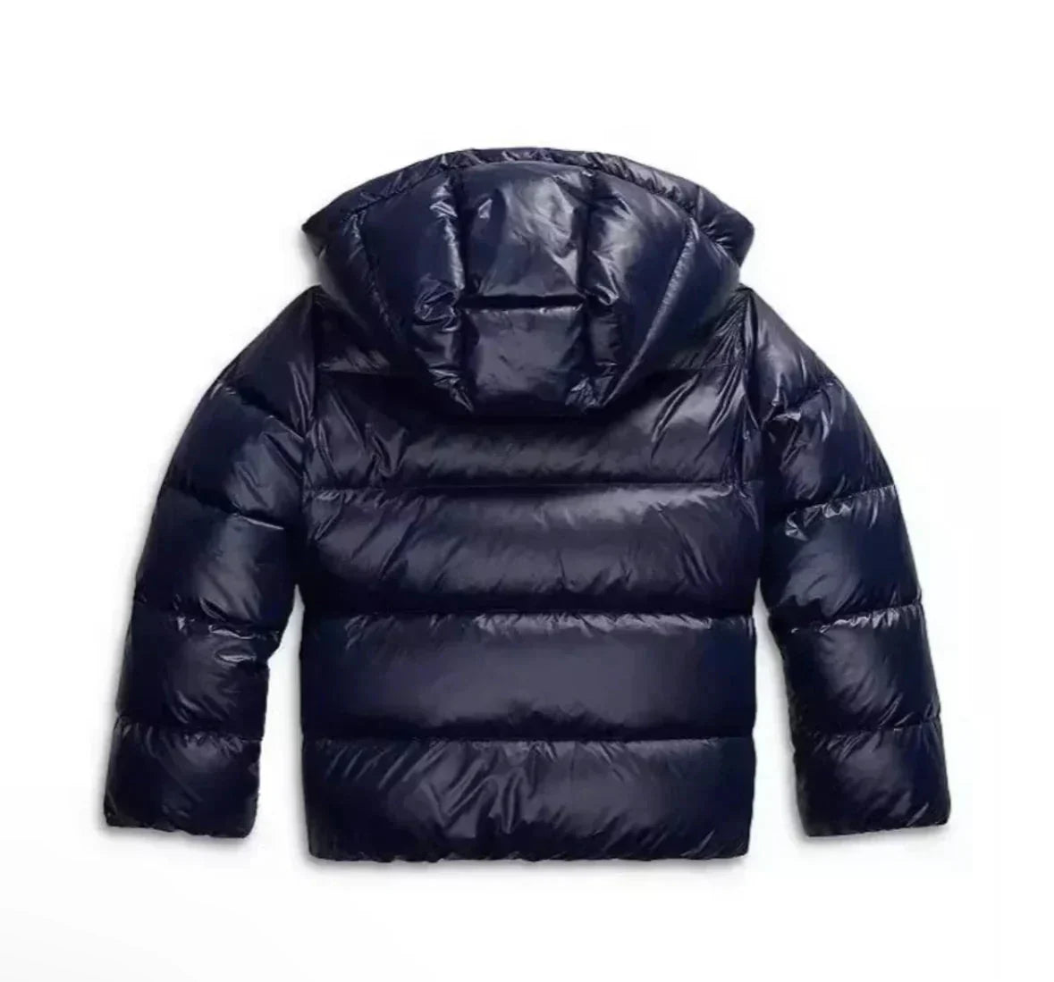 Hooded quilted puffer jacket with glossy finish and long sleeves