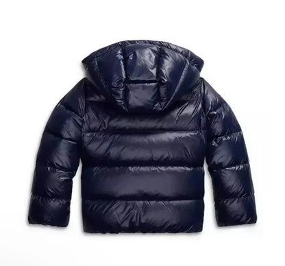Hooded quilted puffer jacket with glossy finish and long sleeves