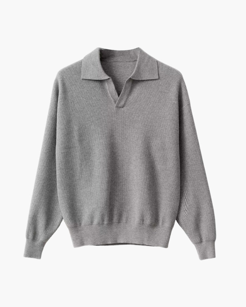 Men's textured knit polo jumper with collar, V-neckline and long sleeves