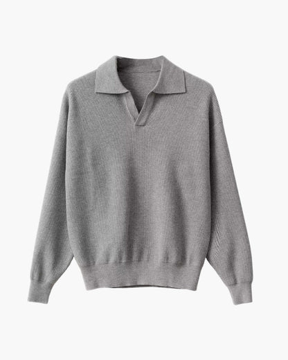 Men's textured knit polo jumper with collar, V-neckline and long sleeves