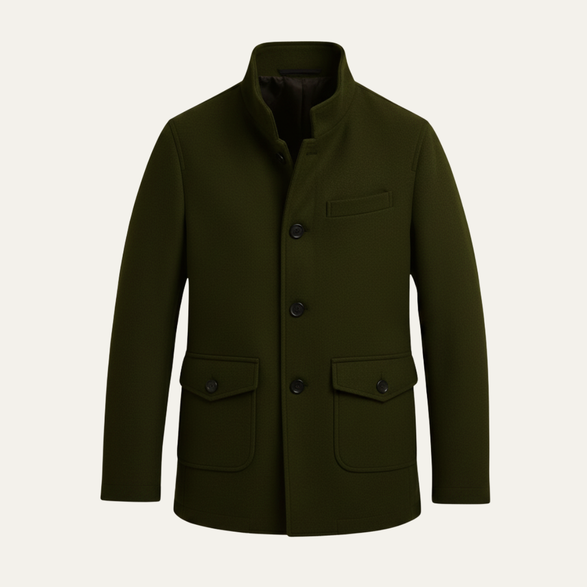 Men's tailored coat with stand collar and flap pockets