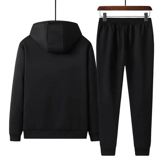 Black hooded tracksuit set with zip jacket and jogger trousers