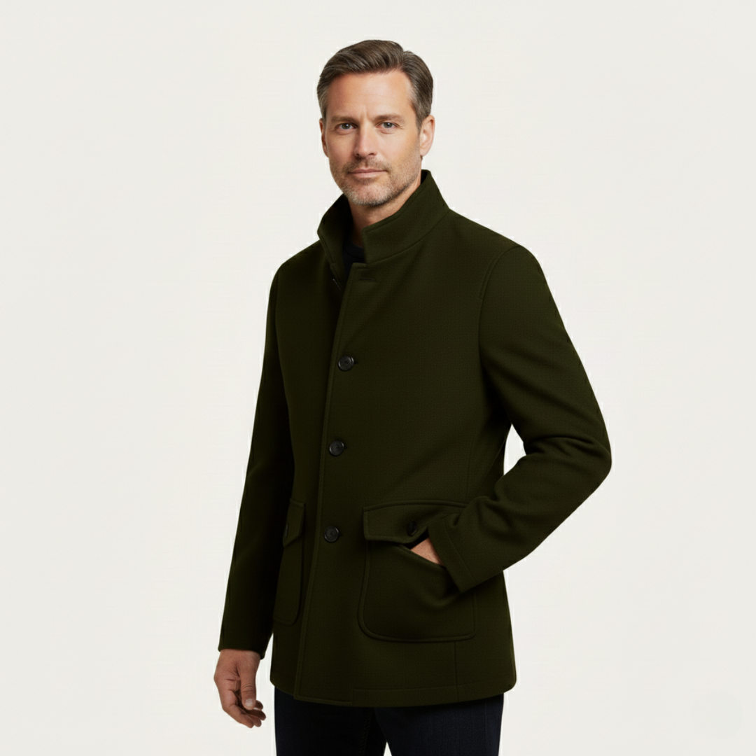 Men's tailored coat with stand collar and flap pockets