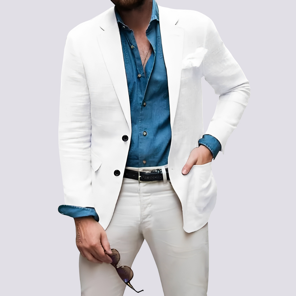 Men's button front blazer with notched lapels, long sleeves and flap pockets