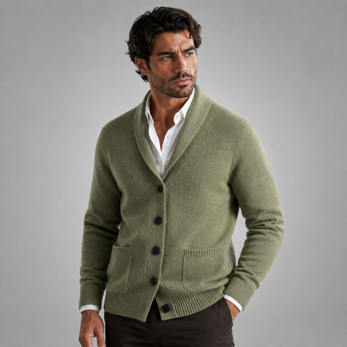 Men's shawl collar button cardigan with long sleeves, ribbed trims and front pockets