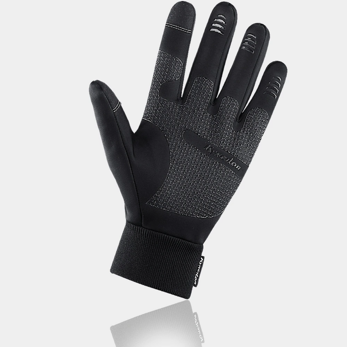 Full-finger touchscreen gloves with textured palms and ribbed cuffs