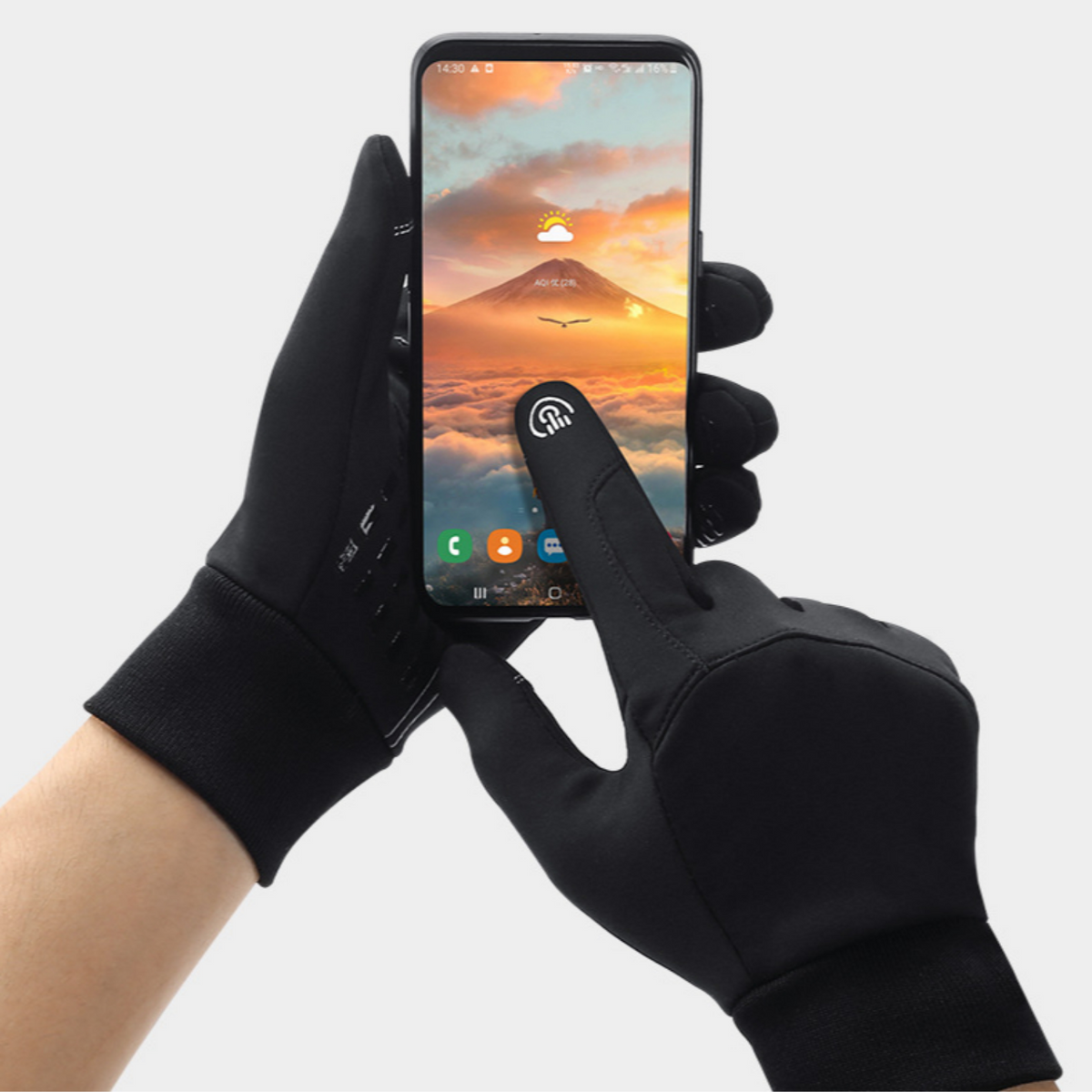 Full-finger touchscreen gloves with textured palms and ribbed cuffs