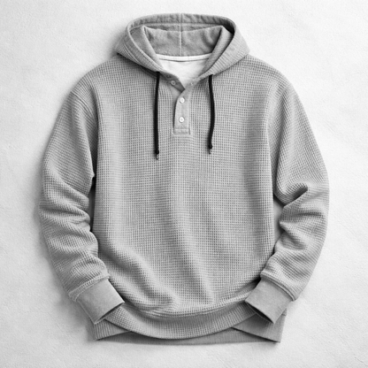 Waffle-knit henley hoodie with drawstring hood, button placket and long sleeves