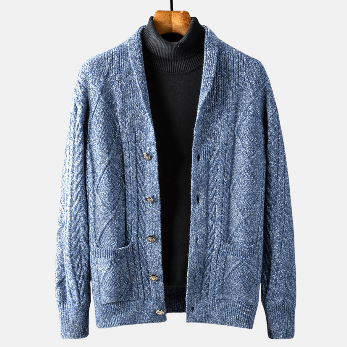 Cable knit cardigan with shawl collar, button front and patch pockets