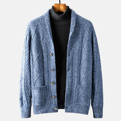 Cable knit cardigan with shawl collar, button front and patch pockets