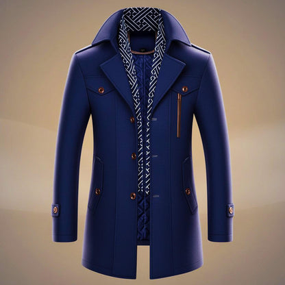 Men's long structured coat with notched lapels, patterned trim, buttons and multiple pockets