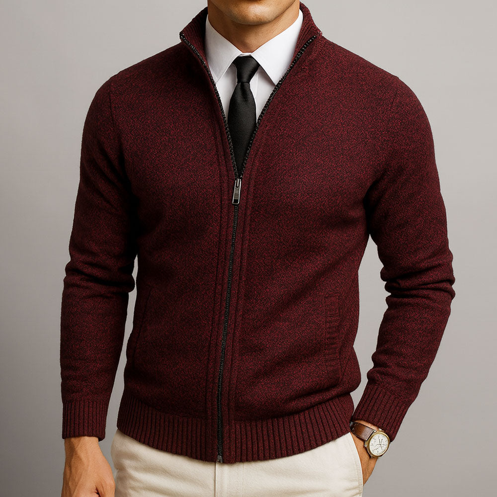 Men's zip-up mock neck cardigan with long sleeves, ribbed trims and front zip pockets