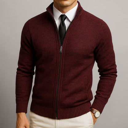 Men's zip-up mock neck cardigan with long sleeves, ribbed trims and front zip pockets