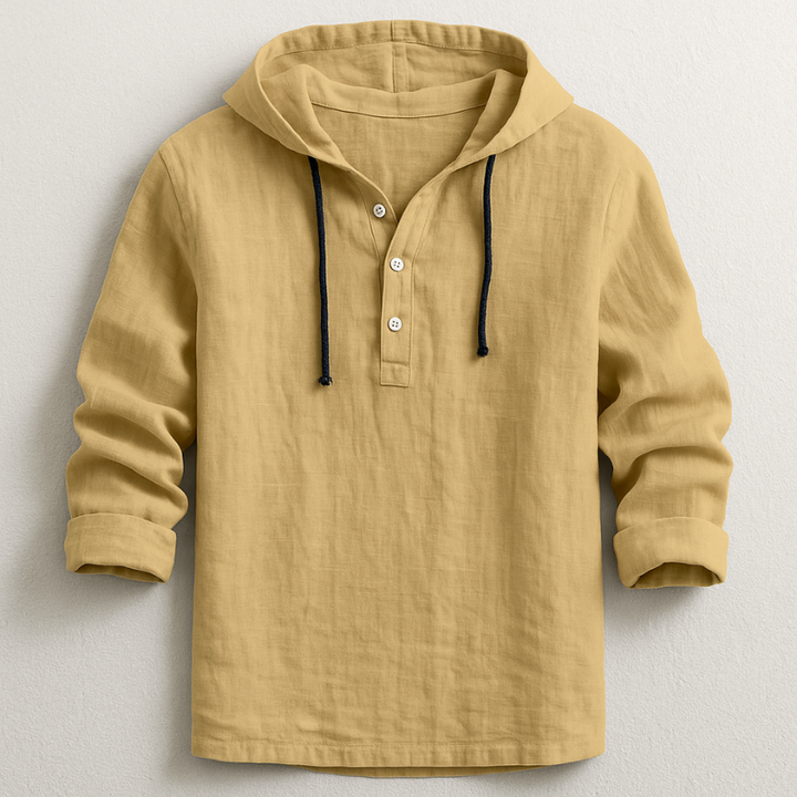 Unisex hooded pullover shirt with button placket