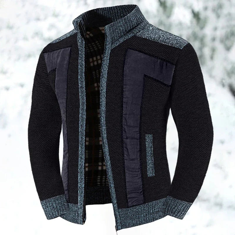 Men's textured zip jacket with stand collar, geometric panels and long sleeves